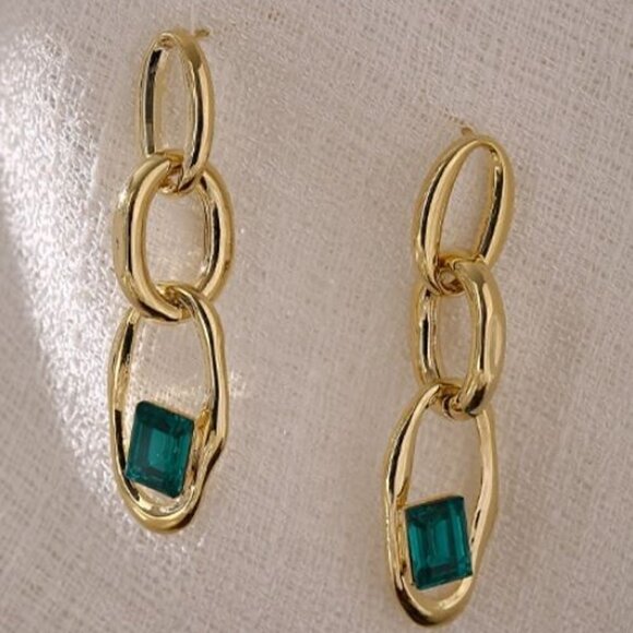 Gold Plated Copper/Emerald Cubic Zirconia Stone Earrings - Picture 2 of 6